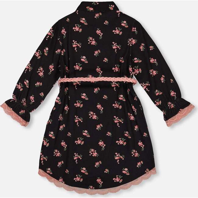 Flowers Print Viscose Long Sleeve Lace Trim Belted Shirt Dress, Black - Dresses - 3