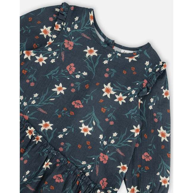 Flowers Print Muslin Long Sleeve Ruffle Hem Top, Teal - T-Shirts - 4