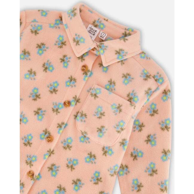 Flowers Print Polar Fleece Long Sleeve Shirt, Peach & Blue - Jackets - 5