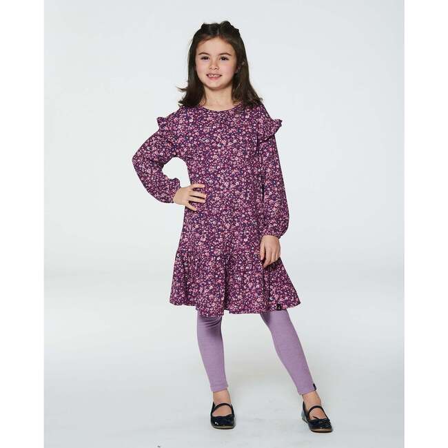 Little Flowers Print Long Sleeve Frilled Hem Dress, Burgundy - Dresses - 2