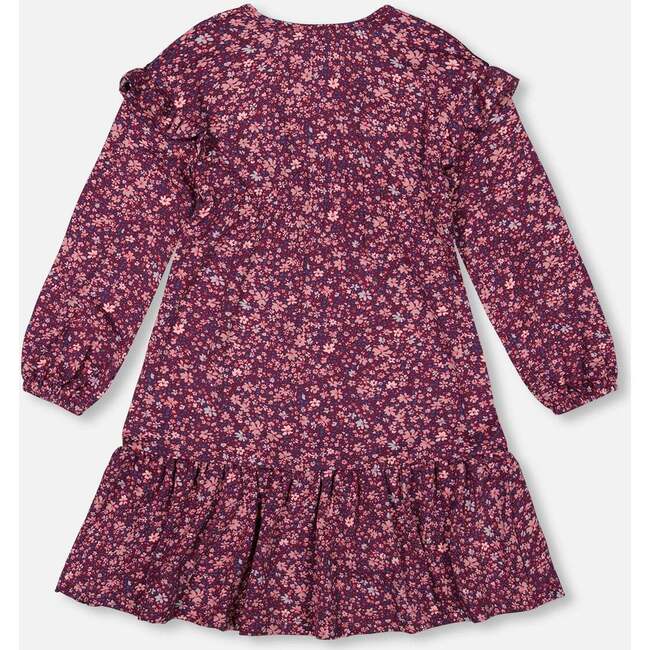 Little Flowers Print Long Sleeve Frilled Hem Dress, Burgundy - Dresses - 3