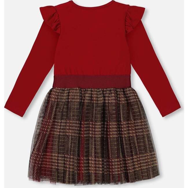 Long Sleeve Dress With Glittering Tulle Skirt, Red Plaid - Dresses - 4