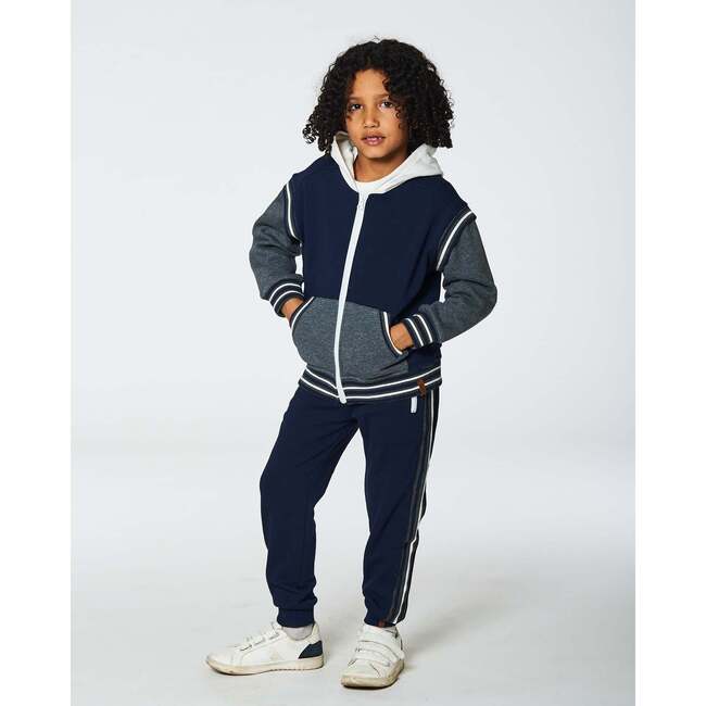 Fleece Sweatpants With Contrast Side Rib, Navy - Sweatpants - 2