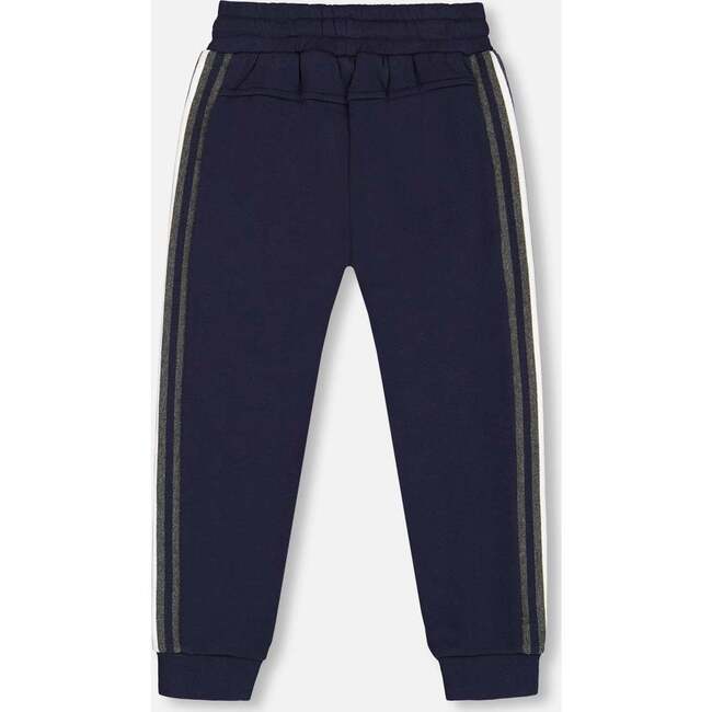 Fleece Sweatpants With Contrast Side Rib, Navy - Sweatpants - 3