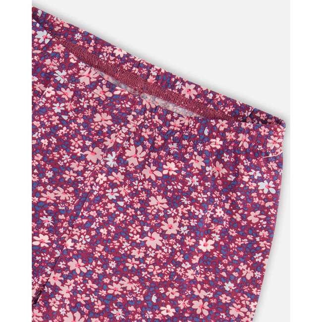 Little Flowers Print Stretch Leggings, Burgundy - Leggings - 5