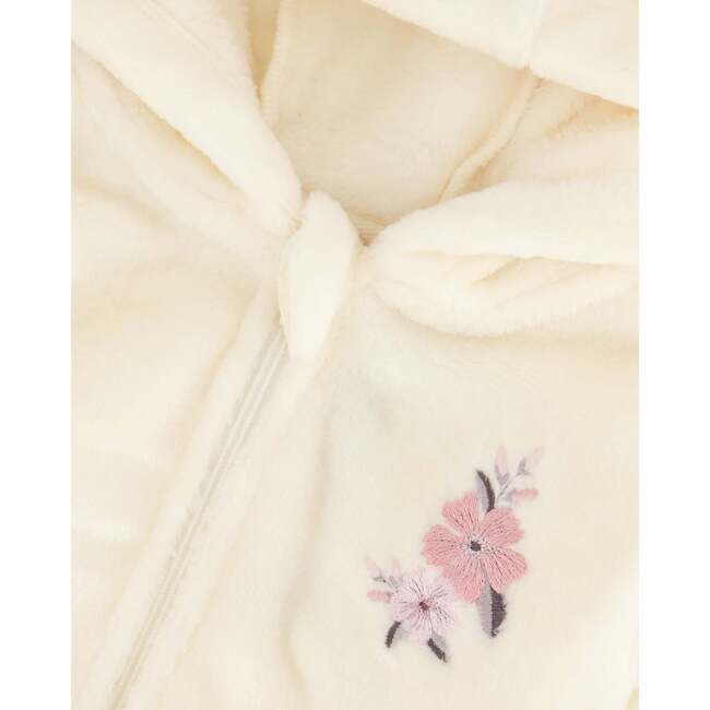 Floral Embroidered Plush Hooded Zip Jacket, Off-White - Jackets - 4