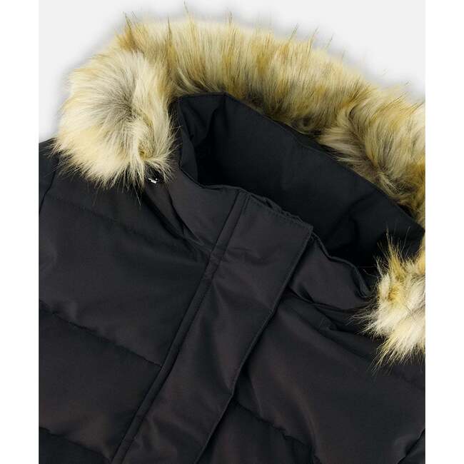 Faux Fur Hooded Puffy Jacket, Black - Jackets - 4