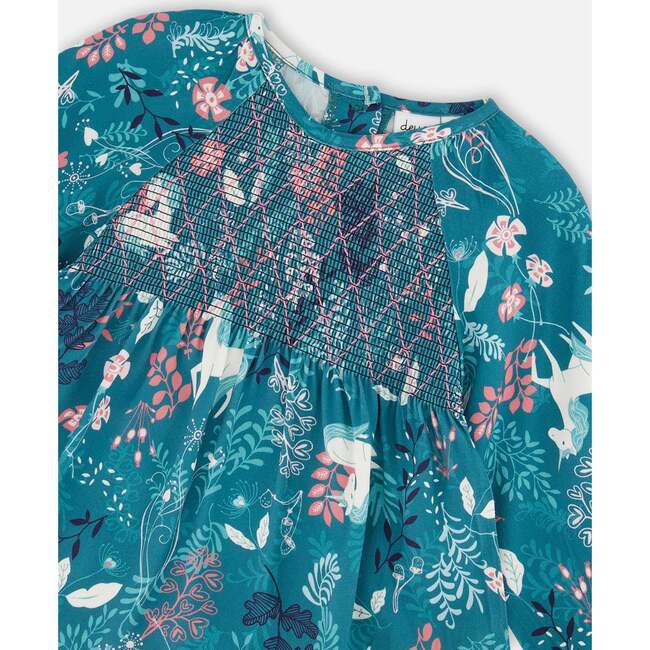 Fairy Unicorn Print Long Sleeve Viscose Blouse, Turquoise - Blouses - 4