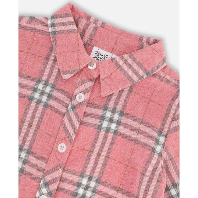 Flannel Shirt Dress With Frill, Pink Plaid - Dresses - 4