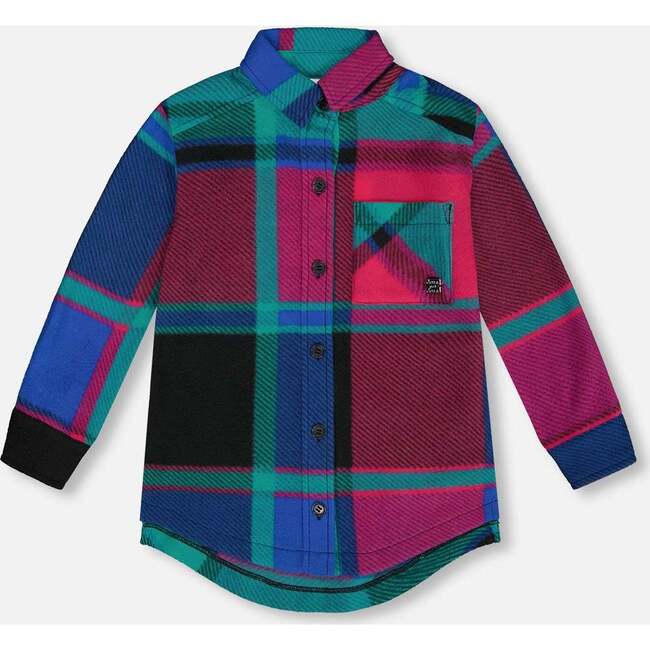 Button Down Polar Fleece Tunic Shirt, Plaid Turquoise & Pink