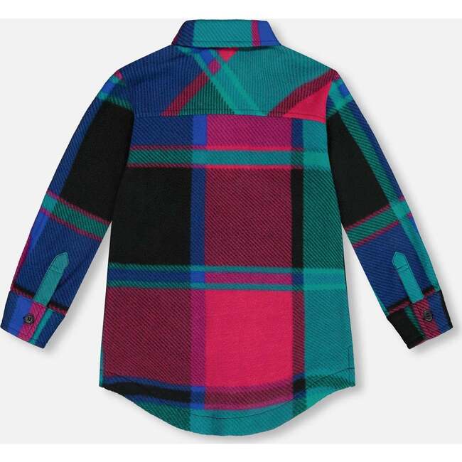 Button Down Polar Fleece Tunic Shirt, Plaid Turquoise & Pink - Jackets - 3