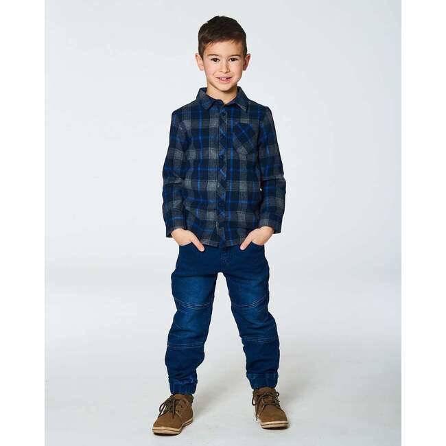 Button Down Flannel Shirt With Pocket, Plaid Navy & Gray - Shirts - 2