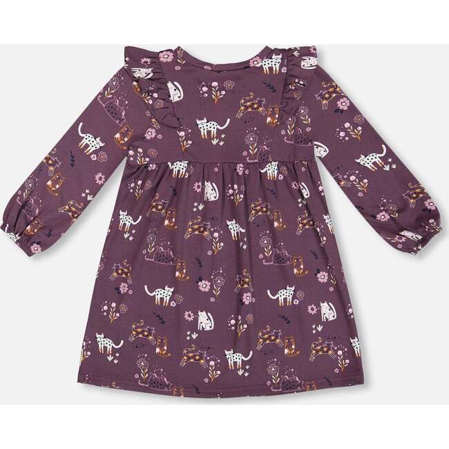 Cats Print Long Cuff Sleeve Frill Dress, Mauve - Dresses - 3