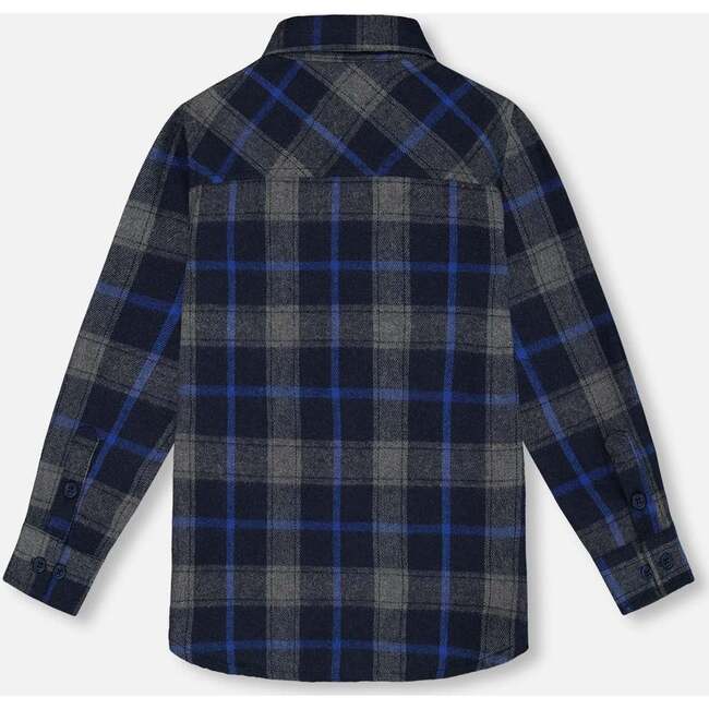 Button Down Flannel Shirt With Pocket, Plaid Navy & Gray - Shirts - 3