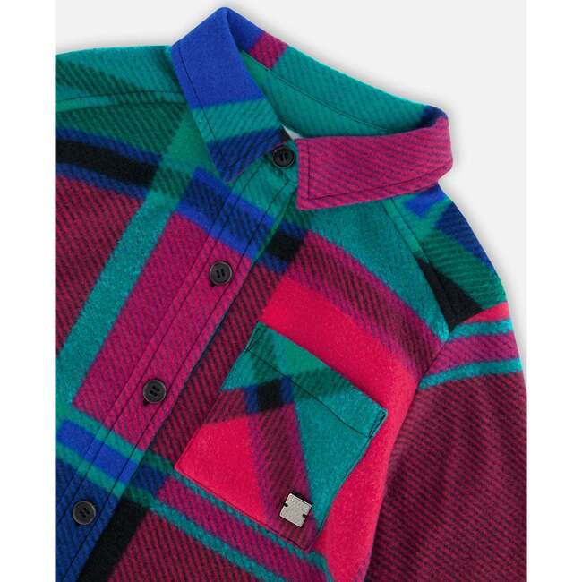 Button Down Polar Fleece Tunic Shirt, Plaid Turquoise & Pink - Jackets - 4