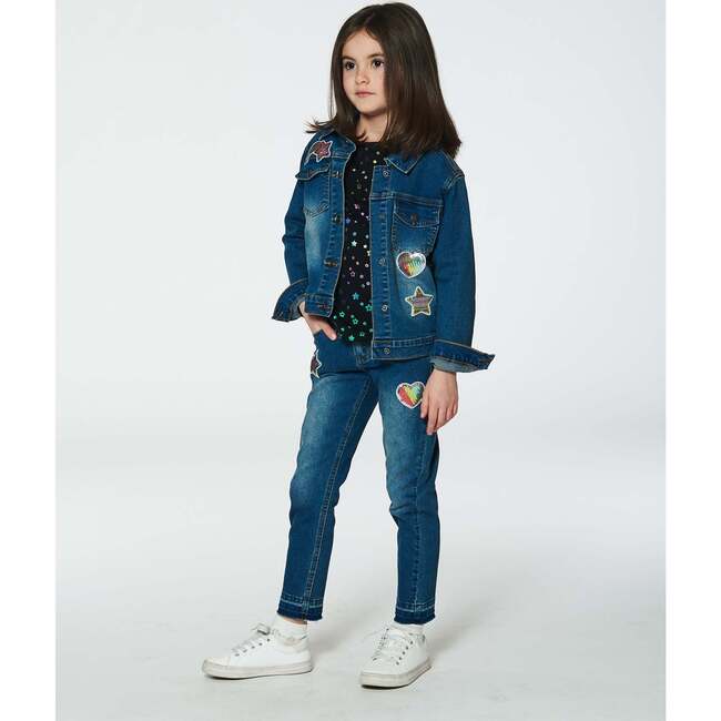 Embroidered Sequin Stars & Heart Patch Jacket, Blue Denim - Jackets - 3