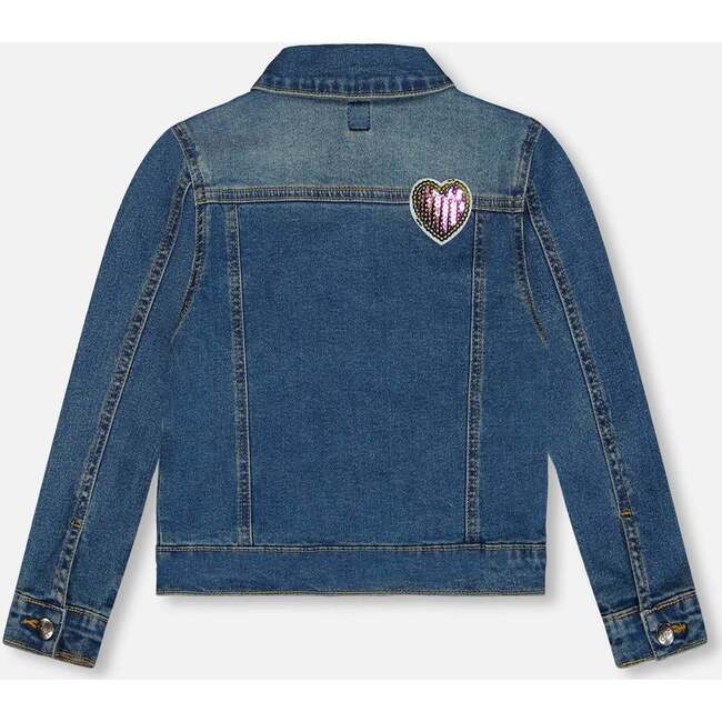 Embroidered Sequin Stars & Heart Patch Jacket, Blue Denim - Jackets - 4