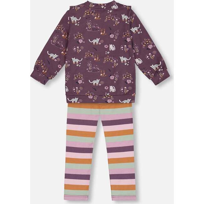 Cats Print Ruffle Long Sleeve Tunic & Striped Leggings Set, Mauve - Mixed Apparel Set - 5