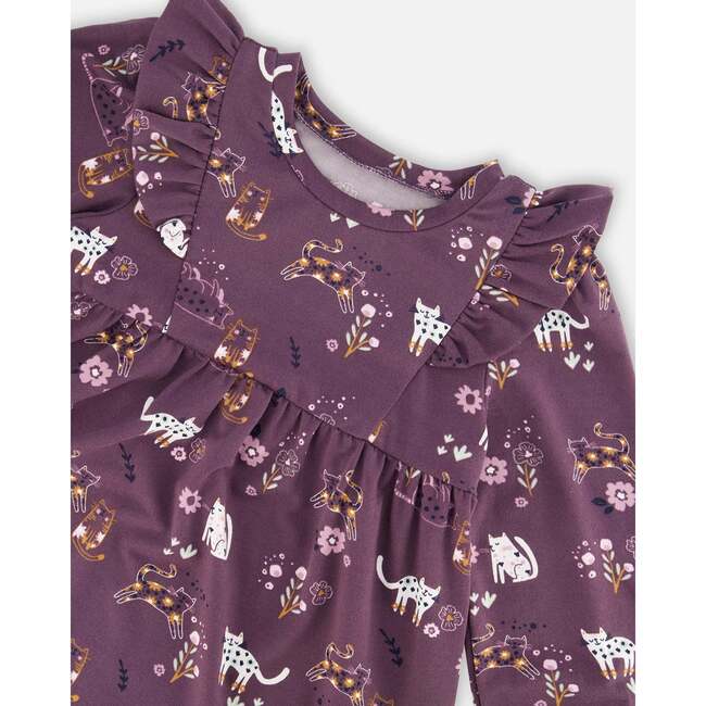 Cats Print Long Cuff Sleeve Frill Dress, Mauve - Dresses - 4