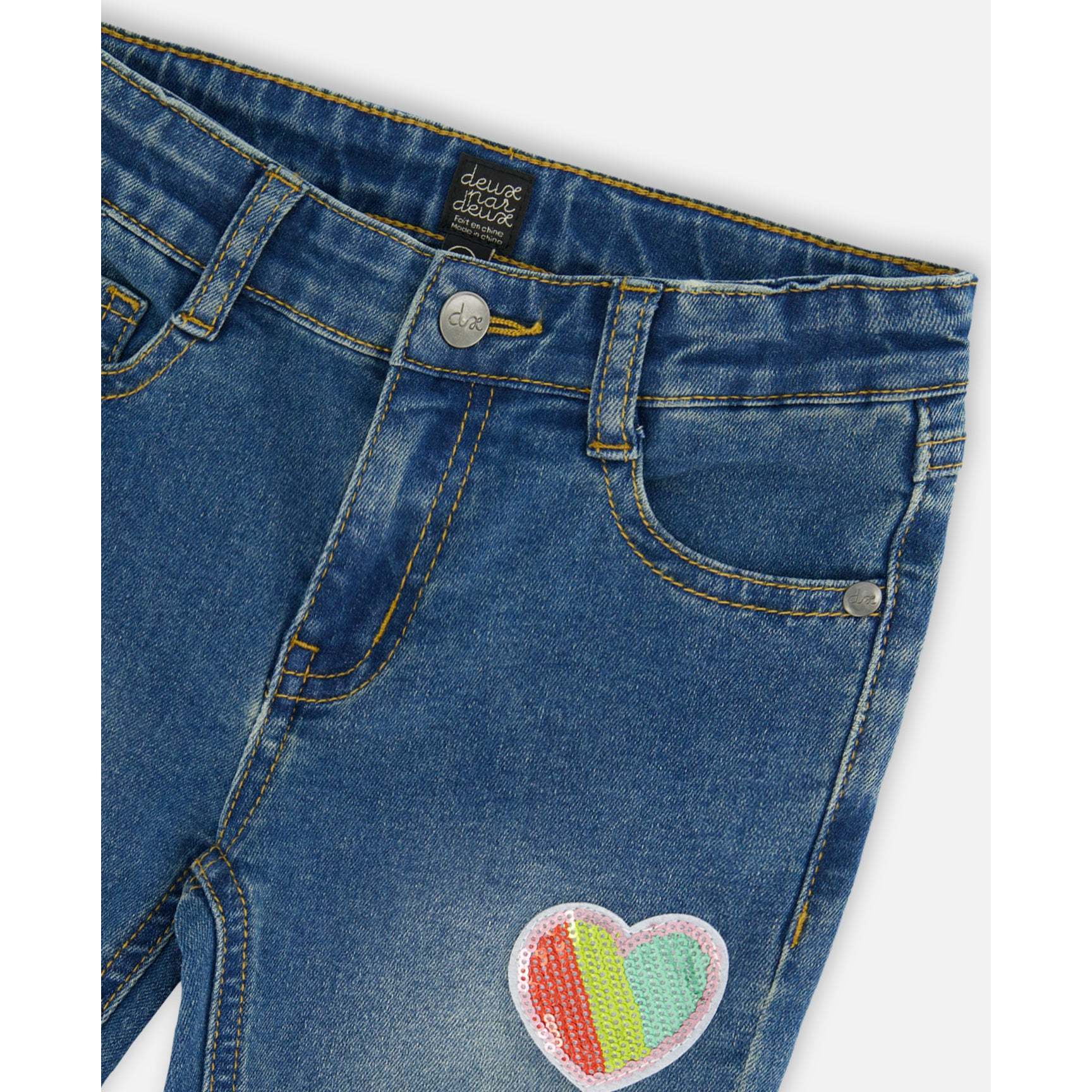 Embroidery Sequin Heart & Star Patch Jeans, Blue Denim