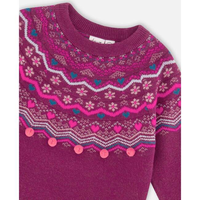 Fairisle 3D Pompom Long Raglan Sleeve Sweater, Burgundy - Sweaters - 5