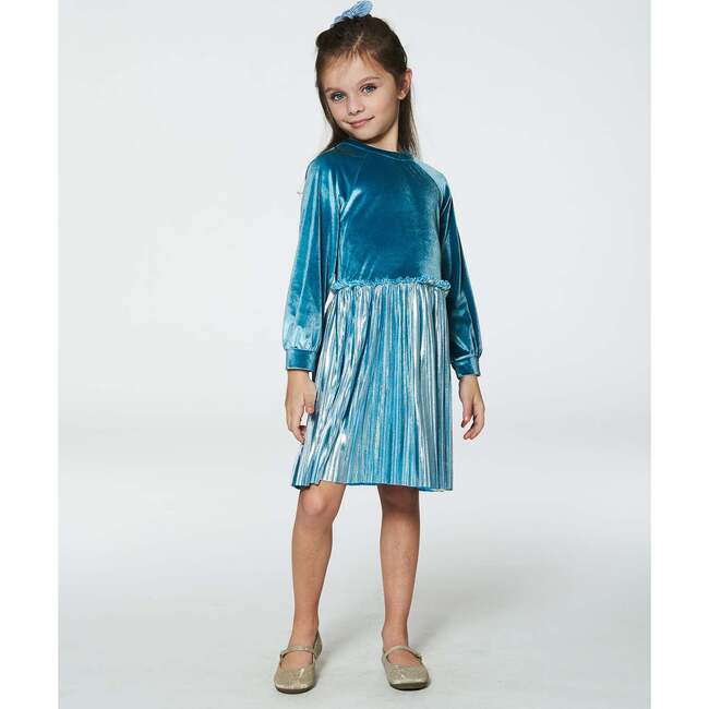 Bi-Material Long Sleeve Dress, Blue Frost - Dresses - 2