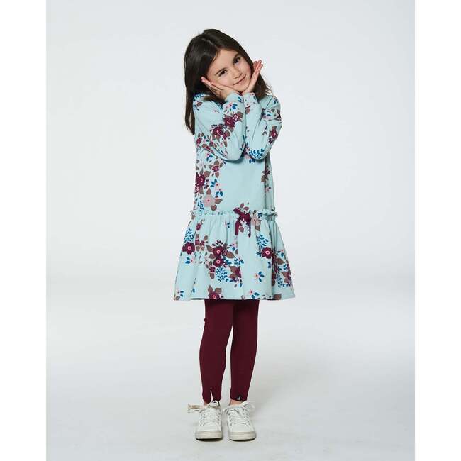 Big Flowers Print Fleece Long Sleeve Drawstring Waist Dress, Light Blue - Dresses - 3