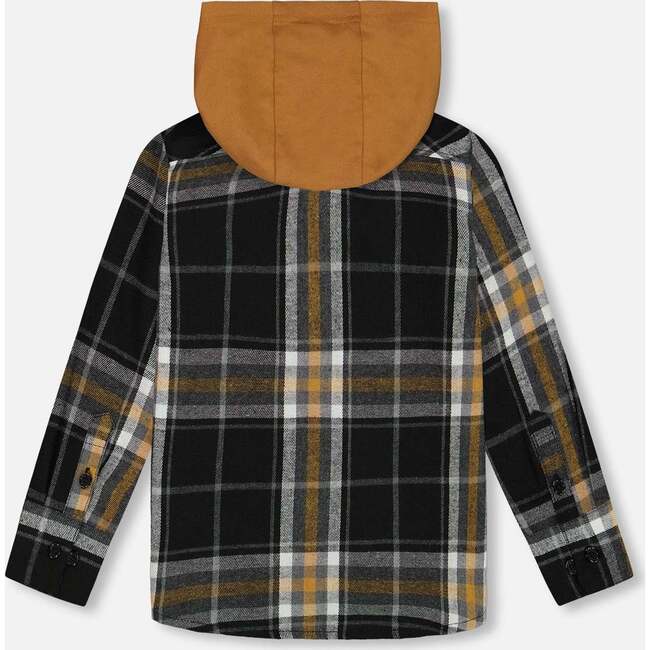 Button Down Flannel Shirt With Hood, Plaid Black & Caramel - Shirts - 4