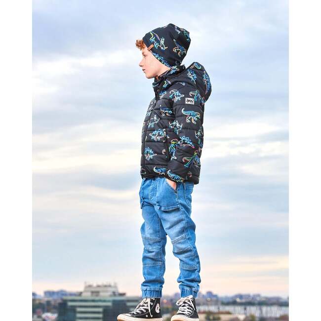 All-Over Neon Dino Print Quilted Jacket, Black - Puffers & Down Jackets - 2