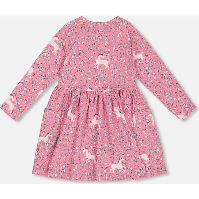 All-Over Floral & Unicorn Print Long Sleeve Pocket Dress, Pink - Dresses - 3