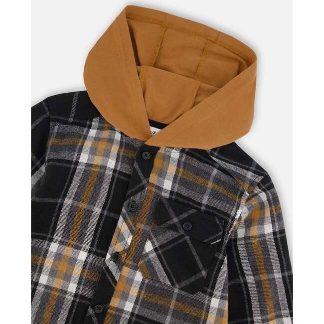 Button Down Flannel Shirt With Hood, Plaid Black & Caramel - Shirts - 5