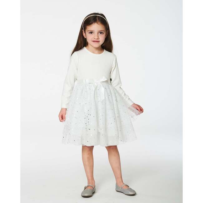 Bi-Material Dress With Glittering Tulle Skirt, Off-White - Dresses - 3