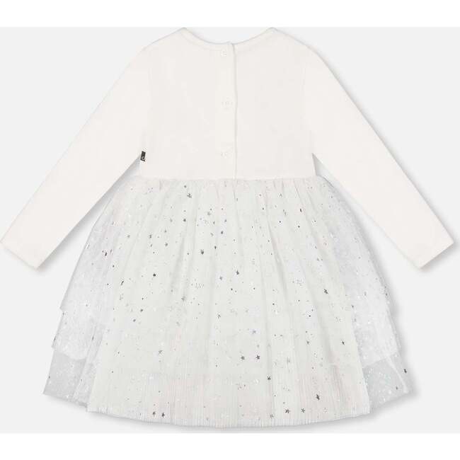 Bi-Material Dress With Glittering Tulle Skirt, Off-White - Dresses - 4