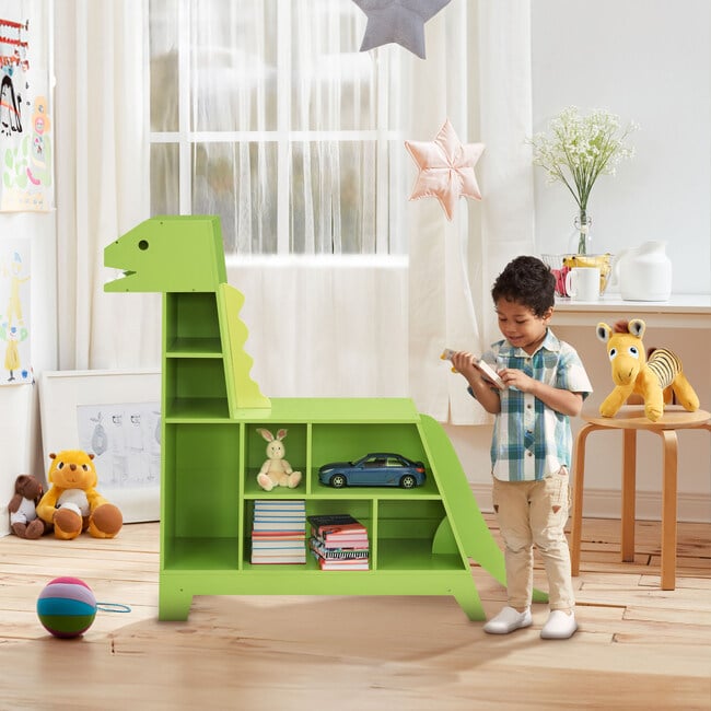 Dinosaur Shaped Bookcase / Toy Organizer with Assorted Cubbies, Green - Bookcases - 10