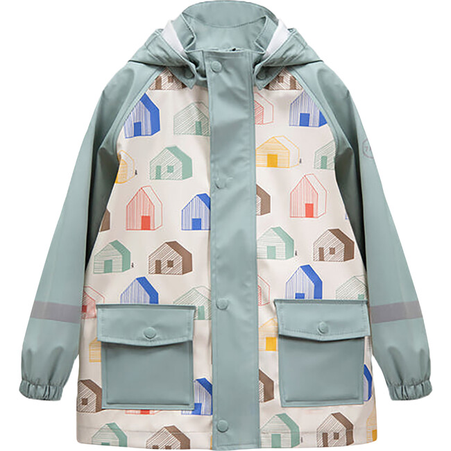 House Print Rain Hooded Jacket, Teal