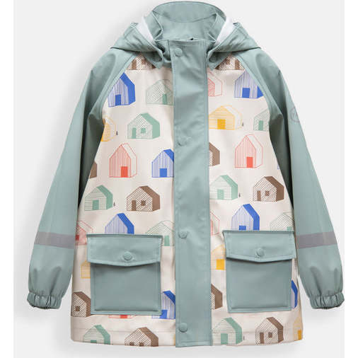 House Print Rain Hooded Jacket, Teal - Raincoats - 2