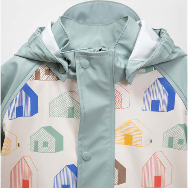 House Print Rain Hooded Jacket, Teal - Raincoats - 4