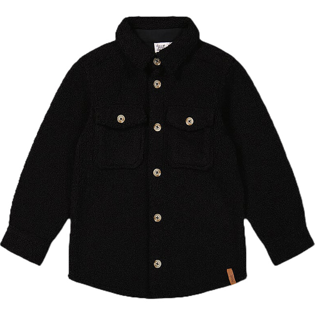 Sherpa Long Sleeve Buttoned Pockets Overshirt, Black