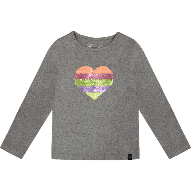 Sequin Heart Long Sleeve T-Shirt, Dark Gray & Multicolors