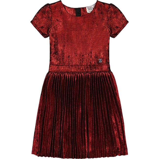 Round Neck Short Sleeve Pleated Skirt Dress, Metallic Red