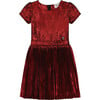 Round Neck Short Sleeve Pleated Skirt Dress, Metallic Red - Dresses - 1 - thumbnail