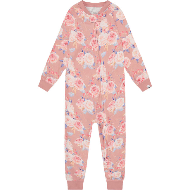 Roses Print Organic Cotton One-Piece Pajama, Old Pink