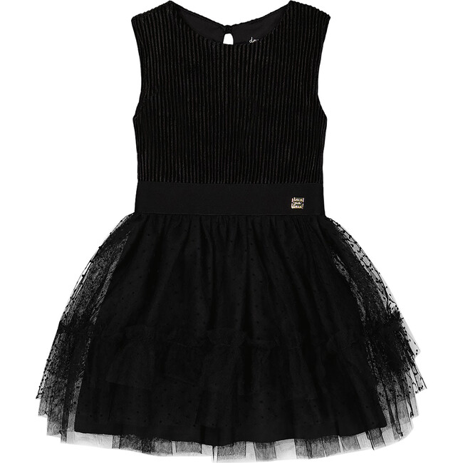 Ribbed Bodice Sleeveless Tulle Skirt Dress, Black