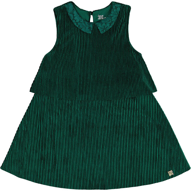 Ribbed Eyelet Collar Sleeveless Tiered A-Line Dress, Forest Green