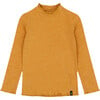 Ribbed Long Sleeve Ruffle Mock Neck Top, Golden Brown - T-Shirts - 1 - thumbnail