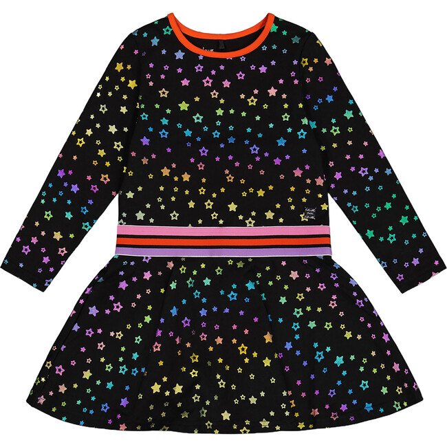 Rainbow Star Print Long Sleeve Foil Dress, Black