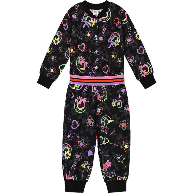 Rainbow Hearts & Flowers Print Long Sleeve Jumpsuit, Black