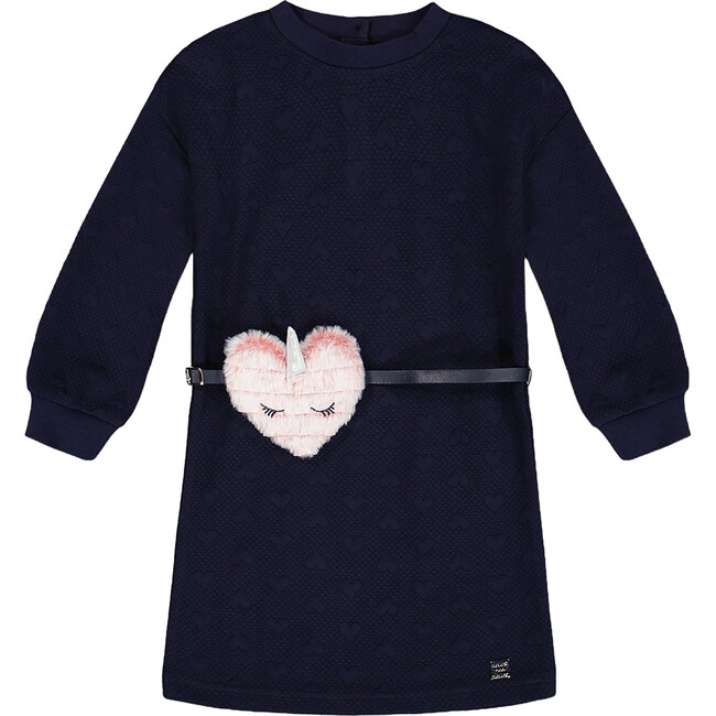 Quilted Heart Fleece Dress With Belt, Navy