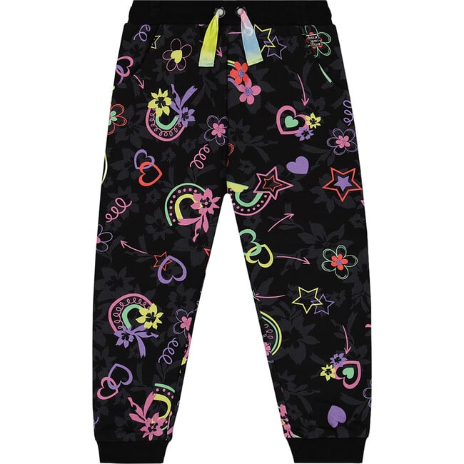 Rainbow Hearts Print Joggers, Black