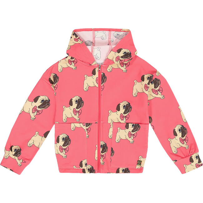 Pug Print Fleece Hooded Cardigan, Magenta